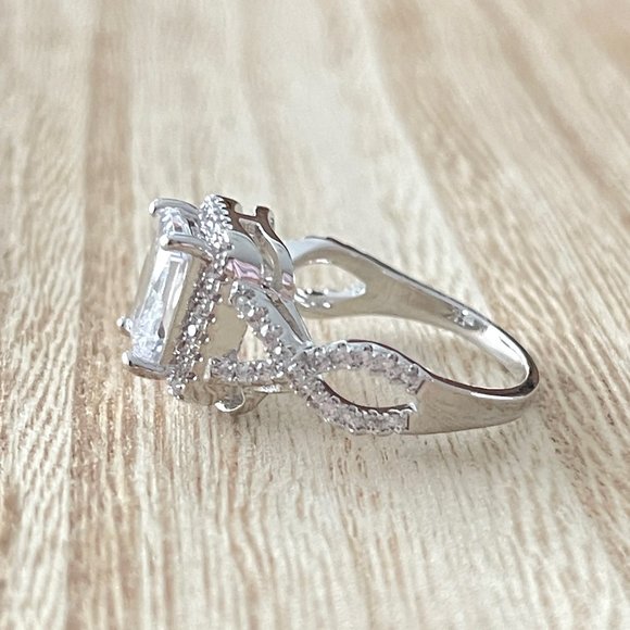 Princess Cut Simulated Diamond Halo Ring w/ Twisted Simulated Diamond Band - SS - Picture 2 of 5